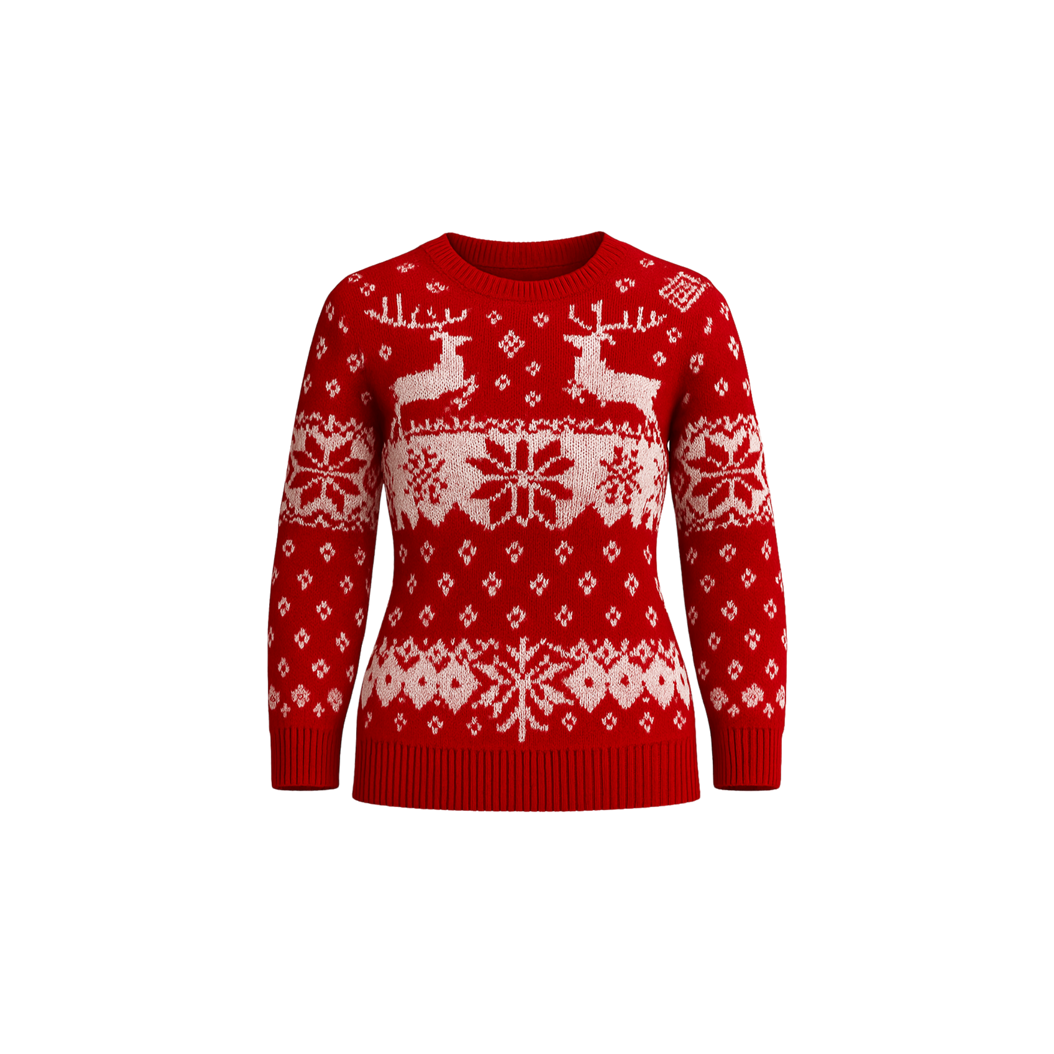 A red MiniKnit™ sweater by The Palm featuring a soft knit texture with white reindeer and snowflake detailing, photographed on a clean white background.1