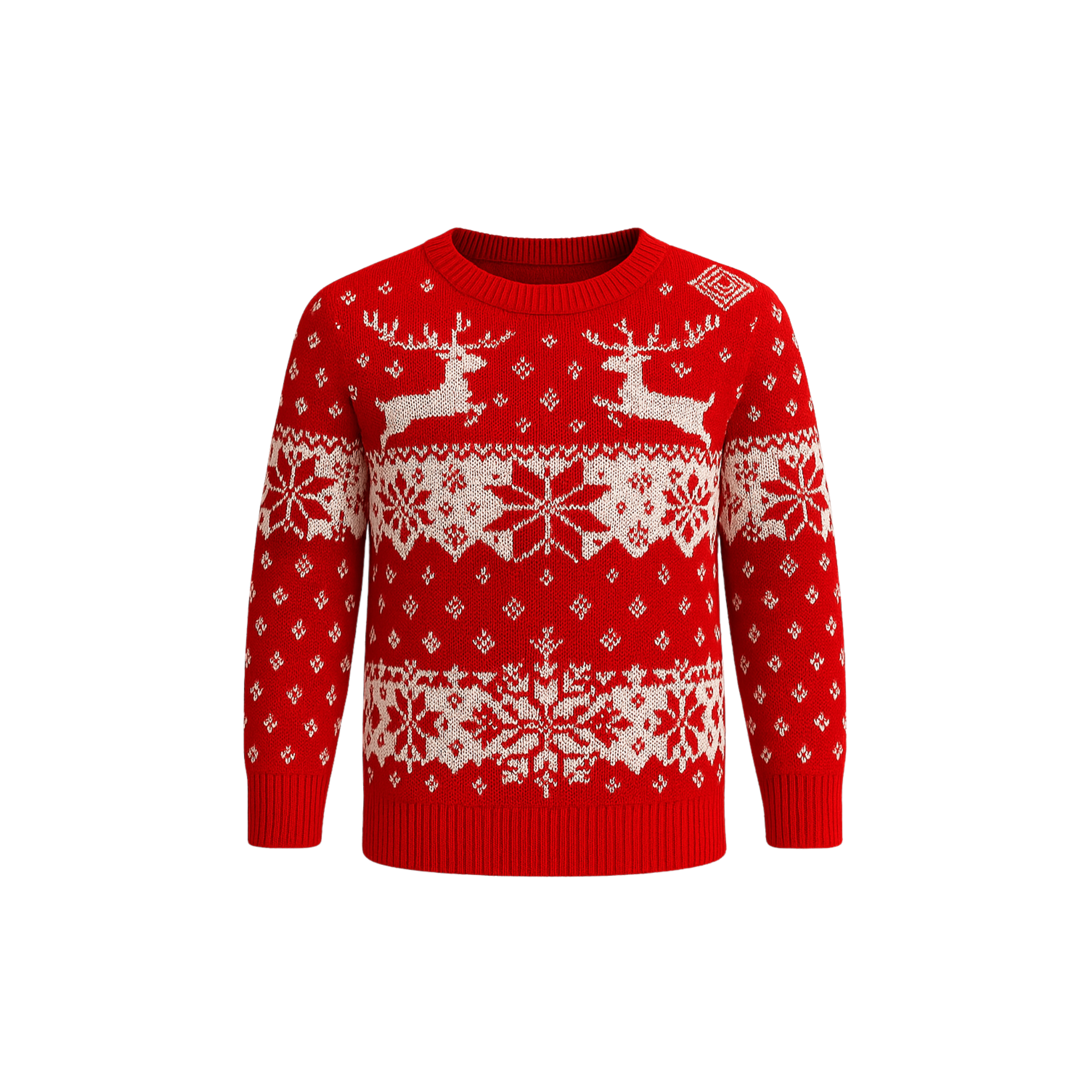 A red MiniKnit™ sweater by The Palm featuring a soft knit texture with white reindeer and snowflake detailing, photographed on a clean white background.2