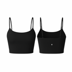 The Palm – PalmSoft™ Crop Top in deep black. Sleek seamless silhouette with thin adjustable straps and a matte finish that hugs the body with soft compression and second-skin comfort.