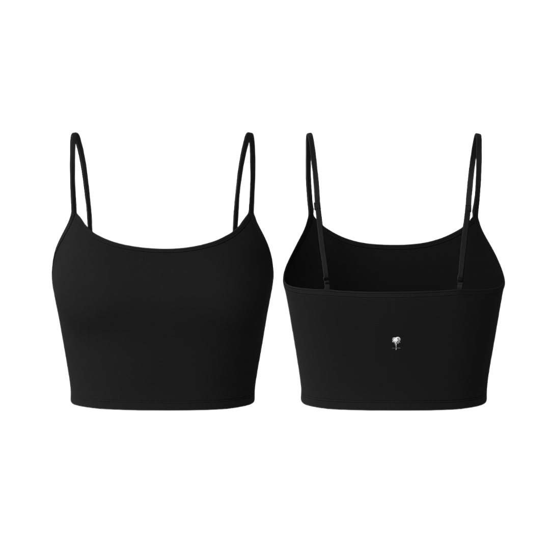 The Palm – PalmSoft™ Crop Top in deep black. Sleek seamless silhouette with thin adjustable straps and a matte finish that hugs the body with soft compression and second-skin comfort.