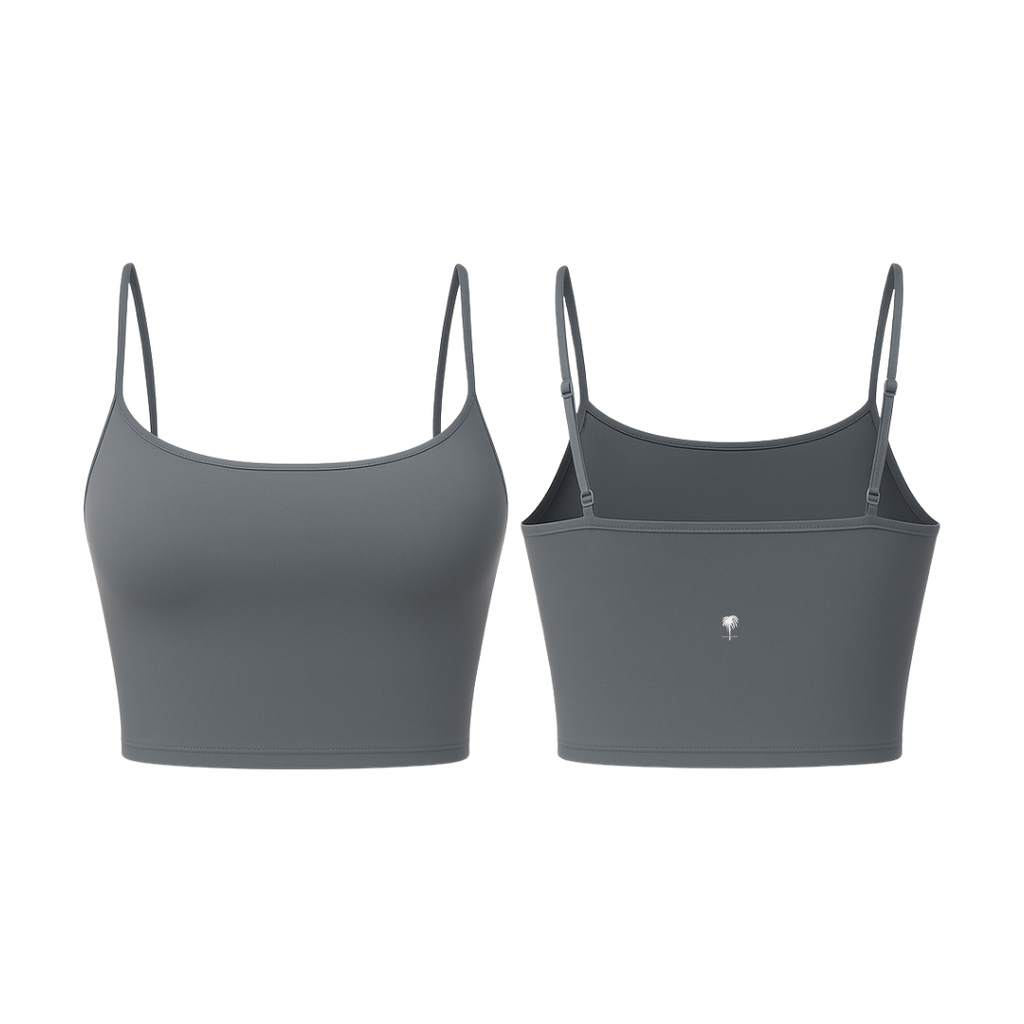 The Palm – PalmSoft™ Crop Top in graphite gray. Minimalist seamless design with thin adjustable straps and a smooth matte finish, offering a second-skin feel and gentle support for everyday wear.