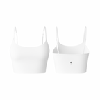 The Palm – PalmSoft™ Crop Top in classic white. Seamless minimalist design with thin adjustable straps and a smooth matte texture, offering light support and a soft, second-skin feel.