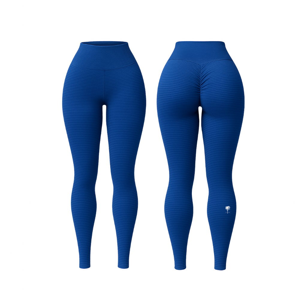 The Palm™ PalmTone™ Curve Leggings in blue. Seamless sculpting leggings with scrunch-back detail, front and back view on white background.