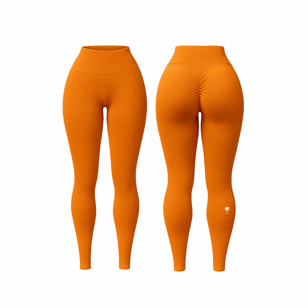 The Palm™ PalmTone™ Curve Leggings in orange. Sculpting leggings with push-up effect, shown from front and back on white background.
