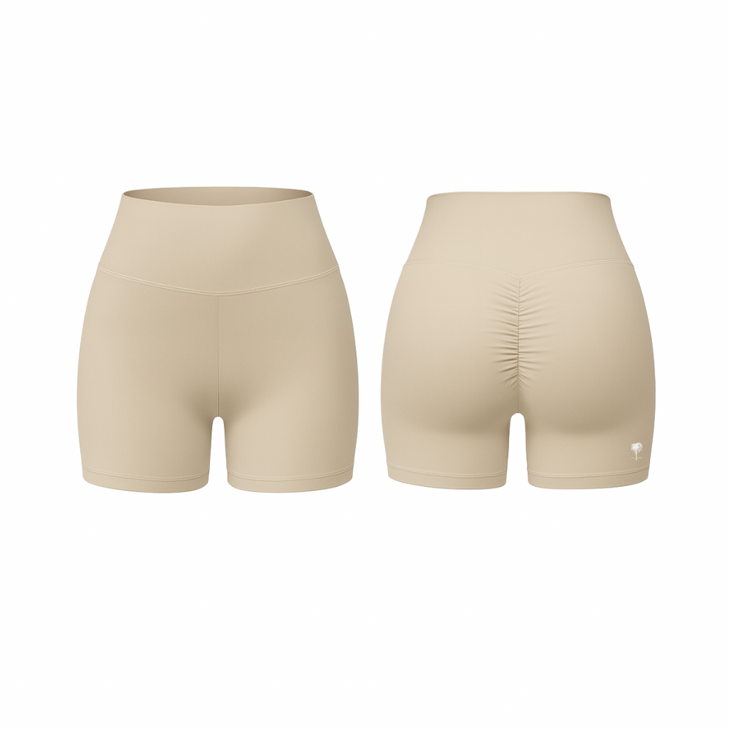 The Palm – QuickTone™ Jog Shorts in beige. Seamless high-rise design with back scrunch detail for a flattering, stay-put fit.