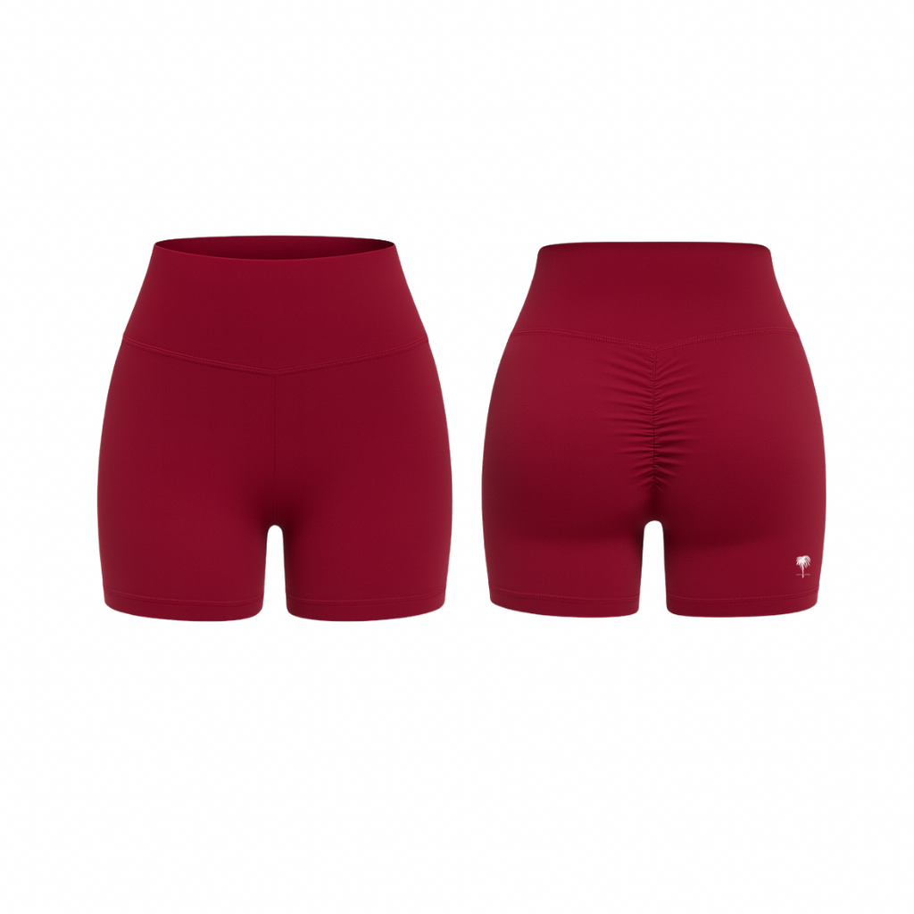 The Palm – QuickTone™ Jog Shorts in burgundy. Seamless high-rise design with back scrunch detail for a flattering, stay-put fit.