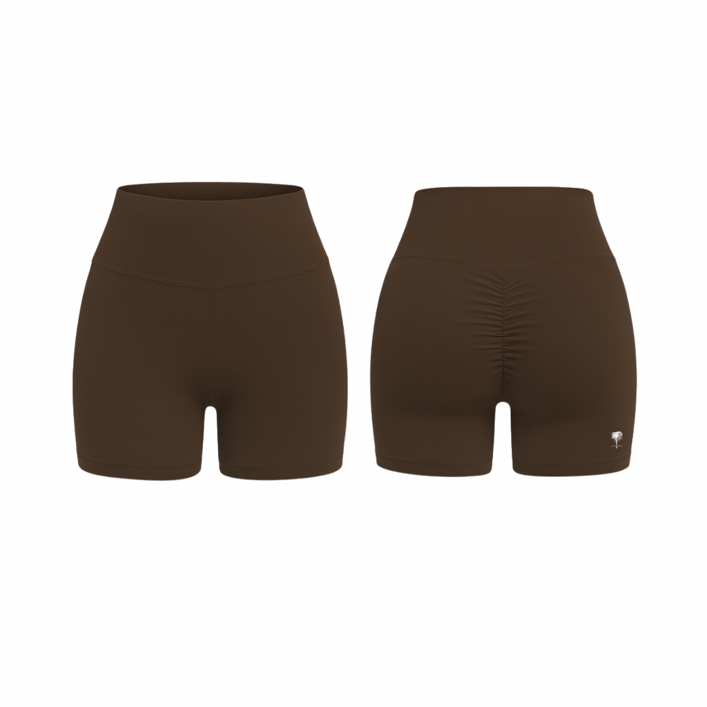 The Palm – QuickTone™ Jog Shorts in coffee brown. Seamless high-rise design with back scrunch detail for a flattering, stay-put fit.