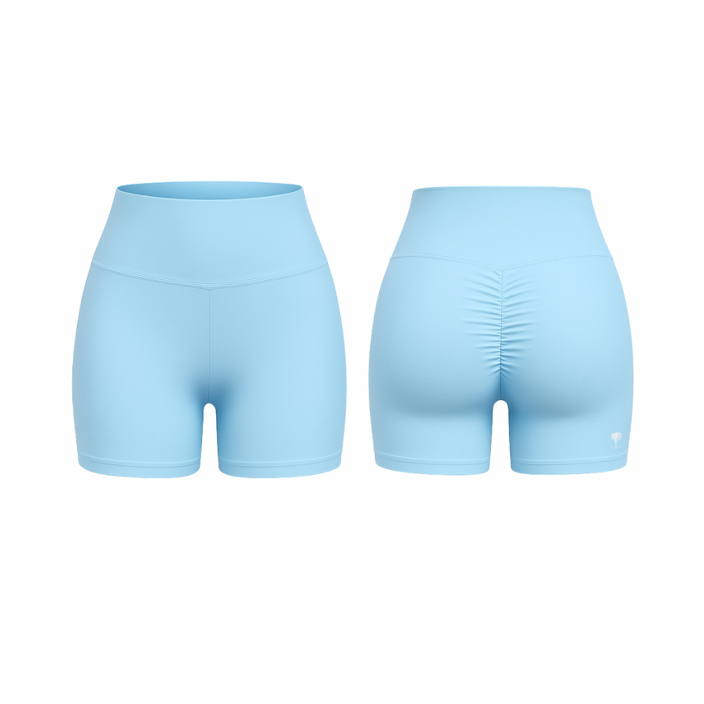 The Palm – QuickTone™ Jog Shorts in light blue. Seamless high-rise design with back scrunch detail for a flattering, stay-put fit.