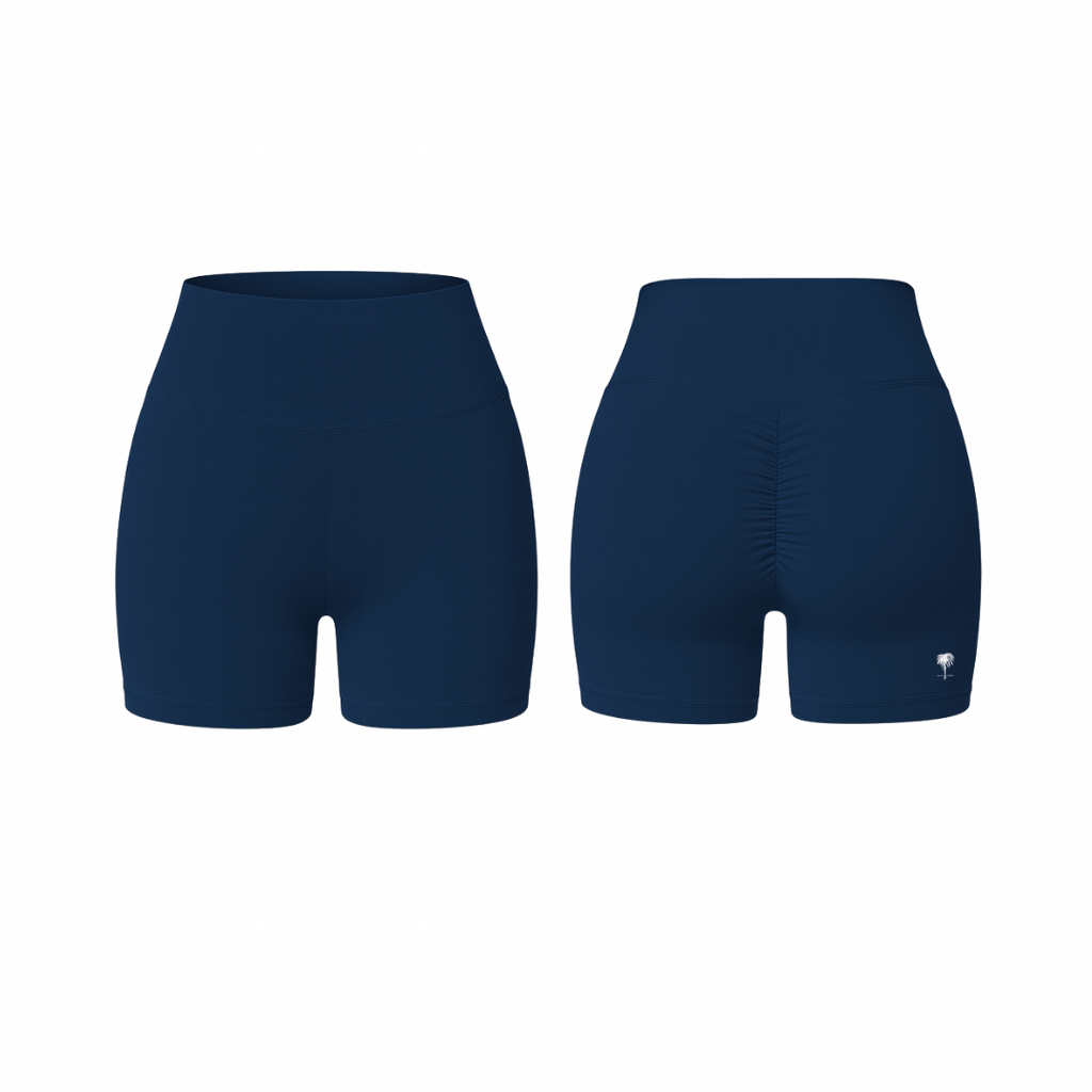 The Palm – QuickTone™ Jog Shorts in navy. Lightweight and sculpting with a high-rise fit, second-skin stretch fabric, and a flattering scrunch-back detail designed for movement and comfort.
