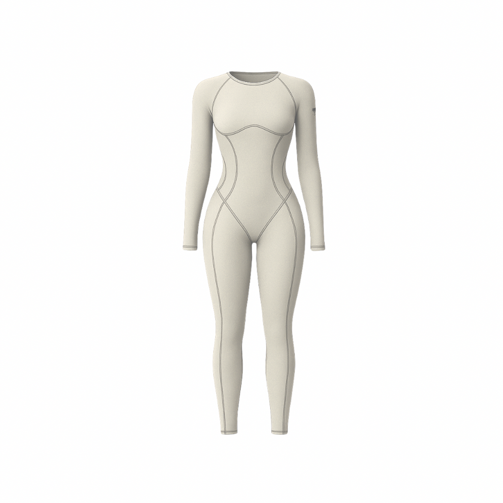 The Palm – SculptAura™ Onepiece in deep beige. Seamless full-length bodysuit with contour stitching and sculpting compression fit. Designed from soft nylon-spandex blend for body-enhancing shape, breathability, and second-skin comfort — perfect for training or everyday movement.