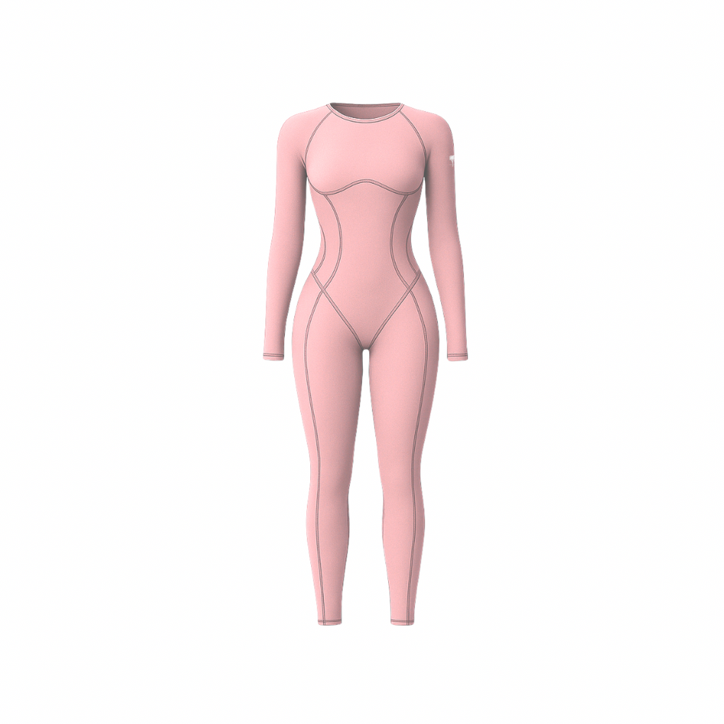 The Palm – SculptAura™ Onepiece in deep blush pink. Seamless full-length bodysuit with contour stitching and sculpting compression fit. Designed from soft nylon-spandex blend for body-enhancing shape, breathability, and second-skin comfort — perfect for training or everyday movement.
