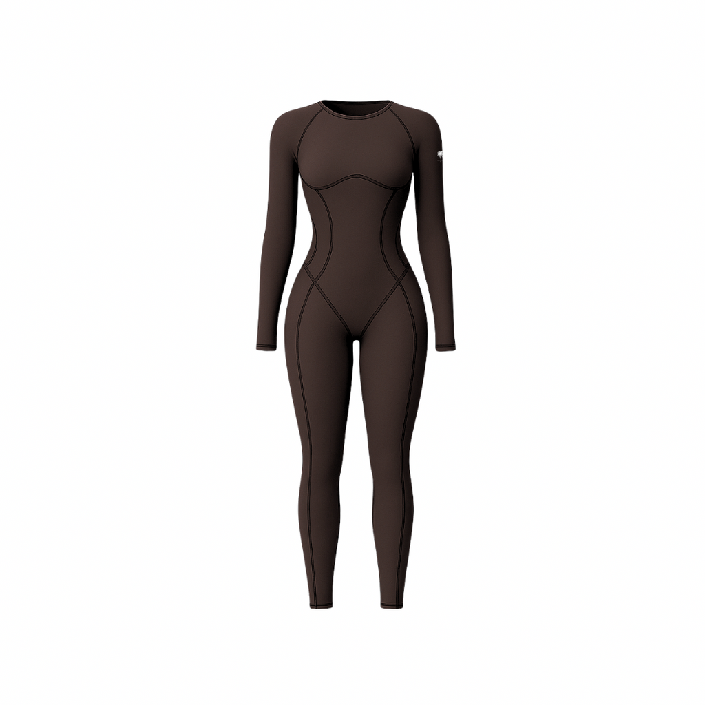 The Palm – SculptAura™ Onepiece in deep brown. Seamless full-length bodysuit with contour stitching and sculpting compression fit. Designed from soft nylon-spandex blend for body-enhancing shape, breathability, and second-skin comfort — perfect for training or everyday movement.