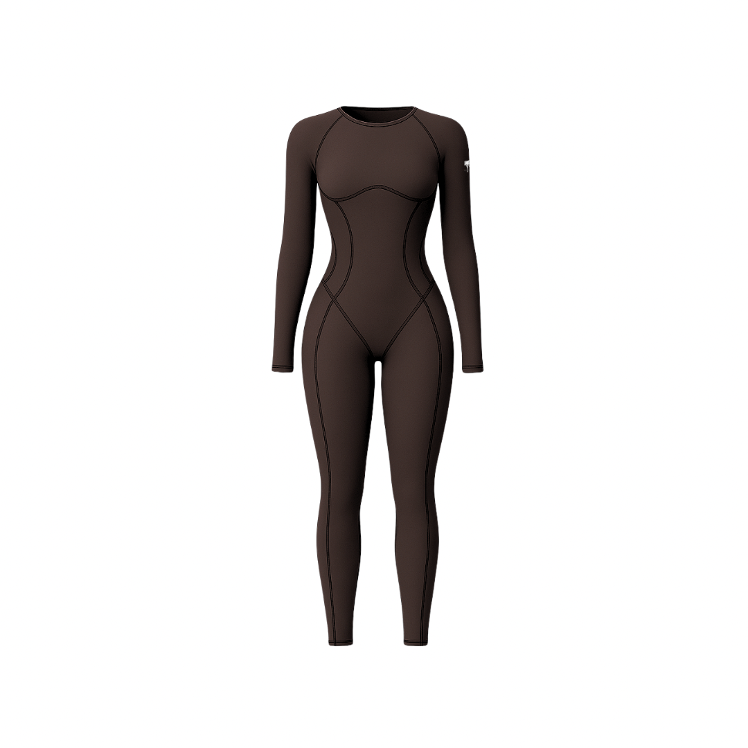 The Palm – SculptAura™ Onepiece in deep brown. Seamless full-length bodysuit with contour stitching and sculpting compression fit. Designed from soft nylon-spandex blend for body-enhancing shape, breathability, and second-skin comfort — perfect for training or everyday movement.