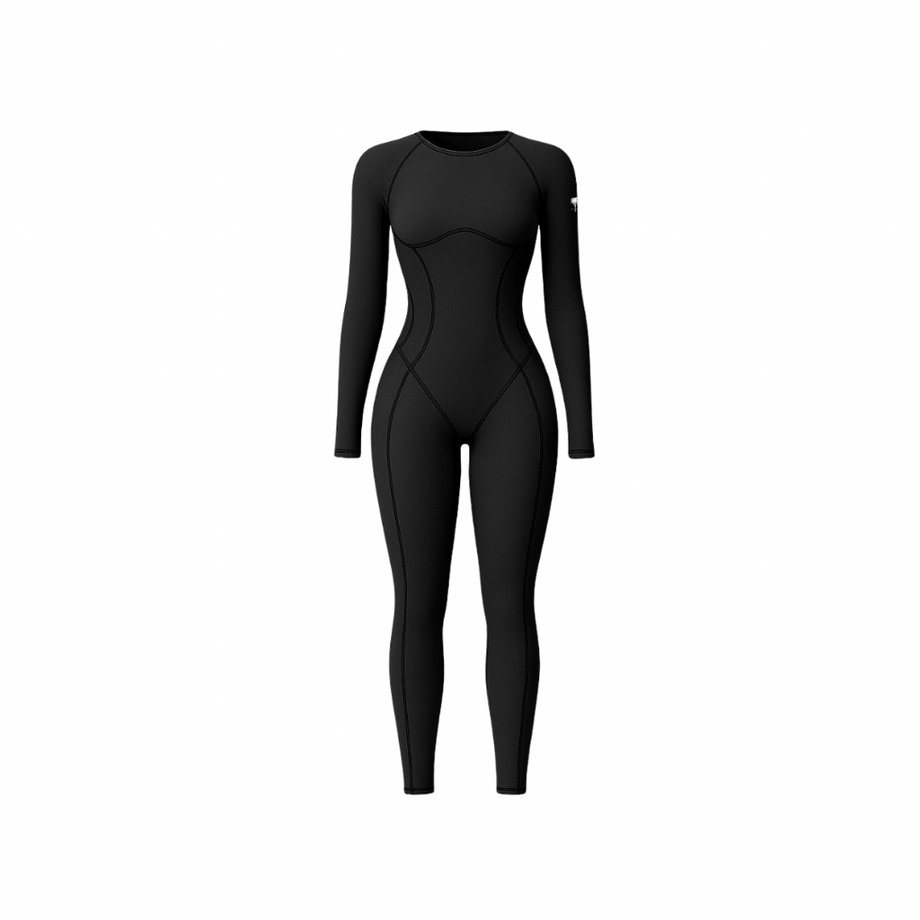 The Palm – SculptAura™ Onepiece in deep jet black. Seamless full-length bodysuit with contour stitching and sculpting compression fit. Designed from soft nylon-spandex blend for body-enhancing shape, breathability, and second-skin comfort — perfect for training or everyday movement.