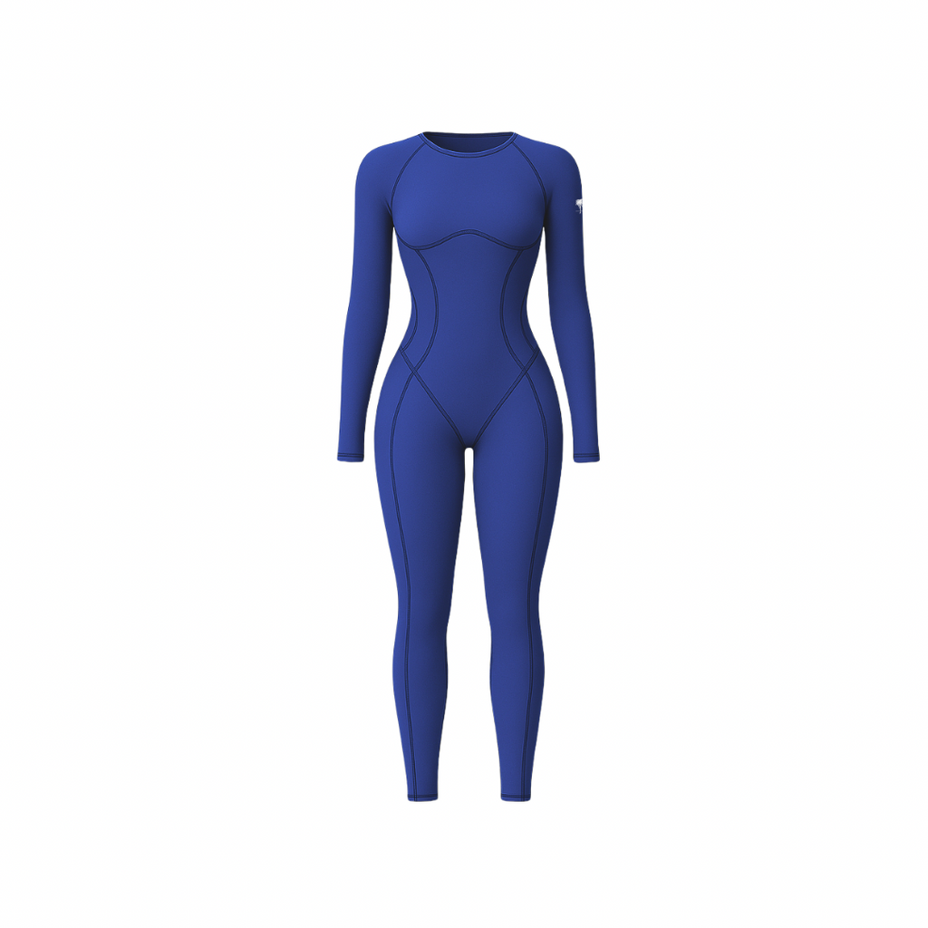 The Palm – SculptAura™ Onepiece in deep navy. Seamless full-length bodysuit with contour stitching and sculpting compression fit. Designed from soft nylon-spandex blend for body-enhancing shape, breathability, and second-skin comfort — perfect for training or everyday movement.