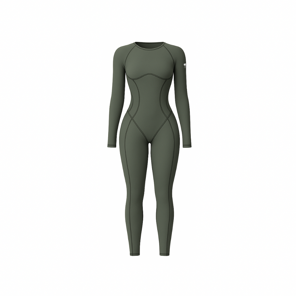 The Palm – SculptAura™ Onepiece in deep palm leaf. Seamless full-length bodysuit with contour stitching and sculpting compression fit. Designed from soft nylon-spandex blend for body-enhancing shape, breathability, and second-skin comfort — perfect for training or everyday movement.