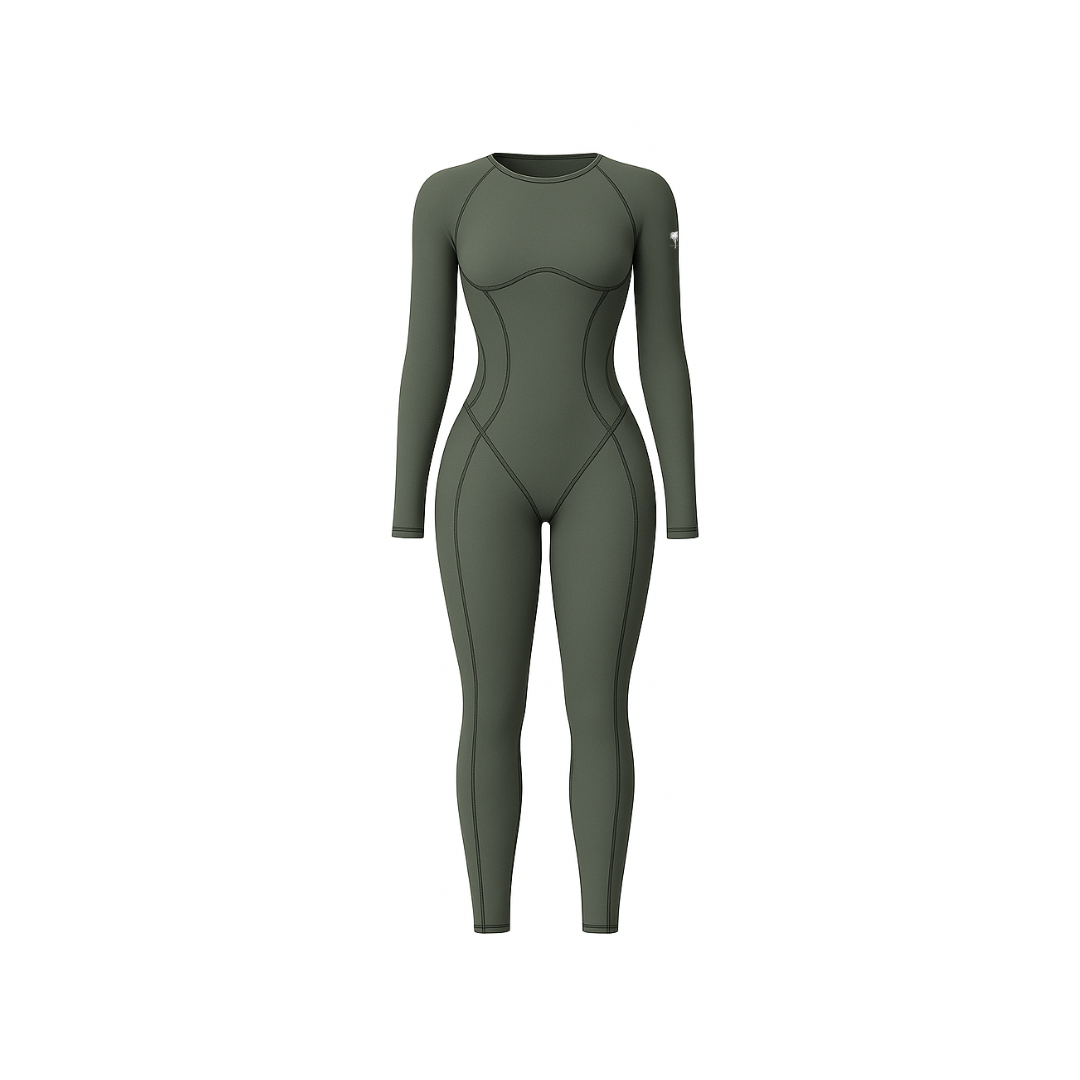 The Palm – SculptAura™ Onepiece in deep palm leaf. Seamless full-length bodysuit with contour stitching and sculpting compression fit. Designed from soft nylon-spandex blend for body-enhancing shape, breathability, and second-skin comfort — perfect for training or everyday movement.