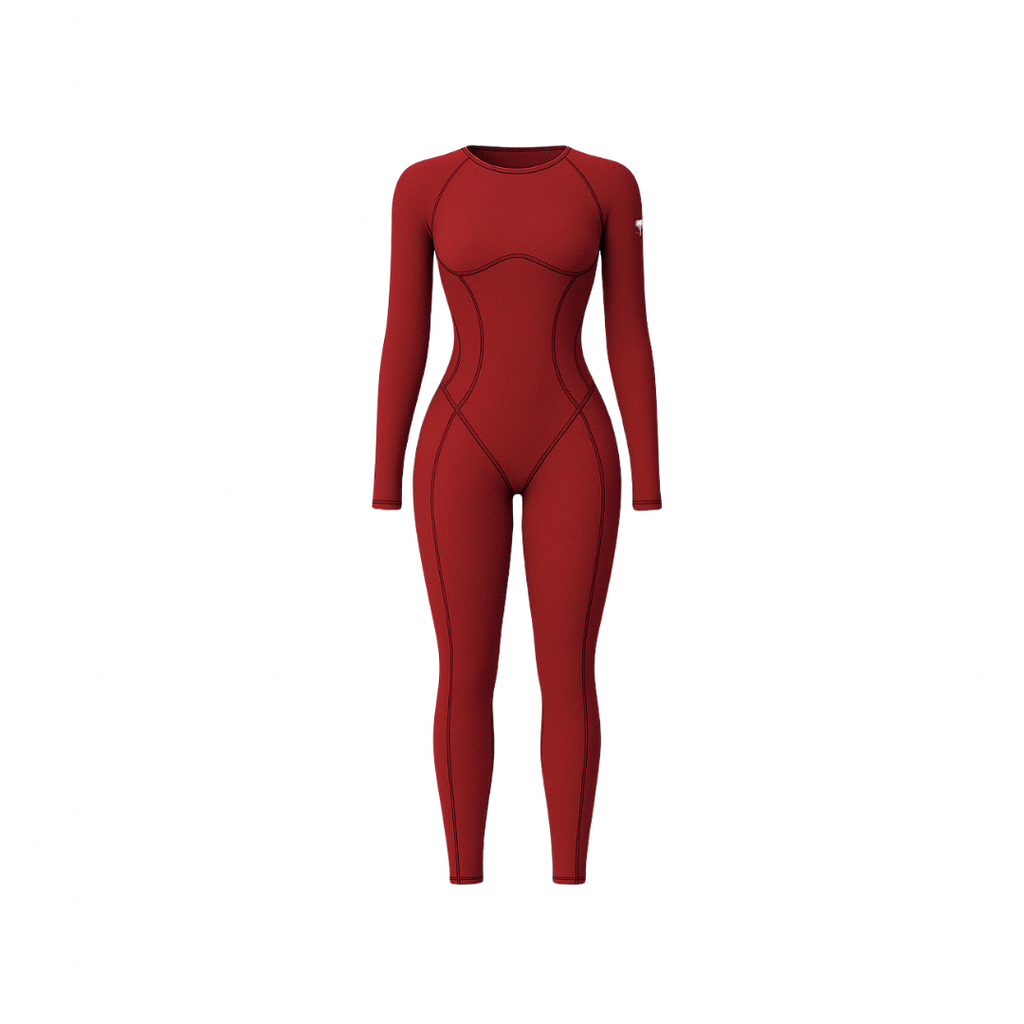 The Palm – SculptAura™ Onepiece in deep red-1. Seamless full-length bodysuit with contour stitching and sculpting compression fit. Designed from soft nylon-spandex blend for body-enhancing shape, breathability, and second-skin comfort — perfect for training or everyday movement.