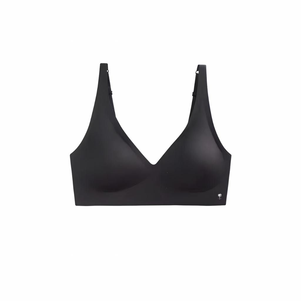 The Palm – SculptEase™ Bra Top in Jet Black. Seamless wire-free bra top with thin mold cup, adjustable back closure and smooth sculpting fit, designed for all-day comfort and sleek minimal style.