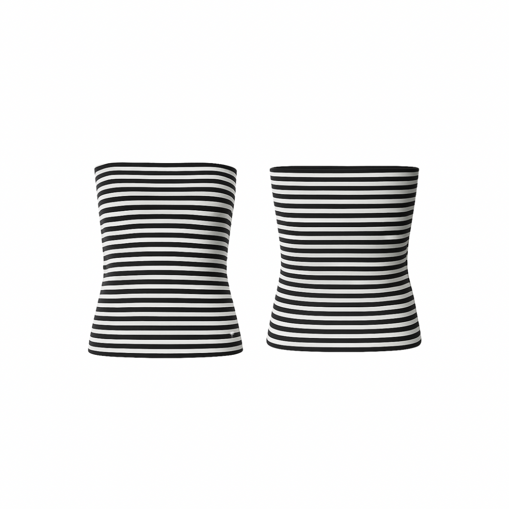 The Palm – SculptFit™ Tube in black & white . Seamless, ribbed strapless tube top with a sculpting second-skin fit, offering breathable stretch, smooth compression, and effortless styling from studio to street.