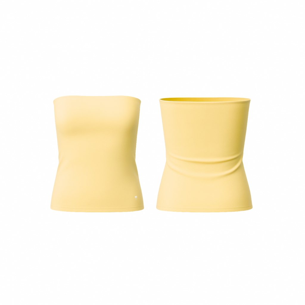 The Palm – SculptFit™ Tube in yellow . Seamless, ribbed strapless tube top with a sculpting second-skin fit, offering breathable stretch, smooth compression, and effortless styling from studio to street.