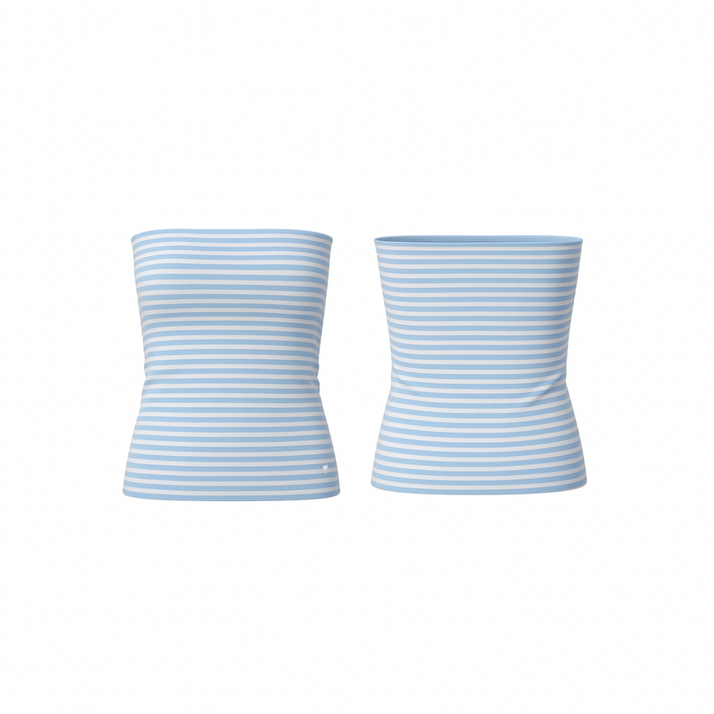 The Palm – SculptFit™ Tube in light sky blue. Seamless, ribbed strapless tube top with a sculpting second-skin fit, offering breathable stretch, smooth compression, and effortless styling from studio to street.