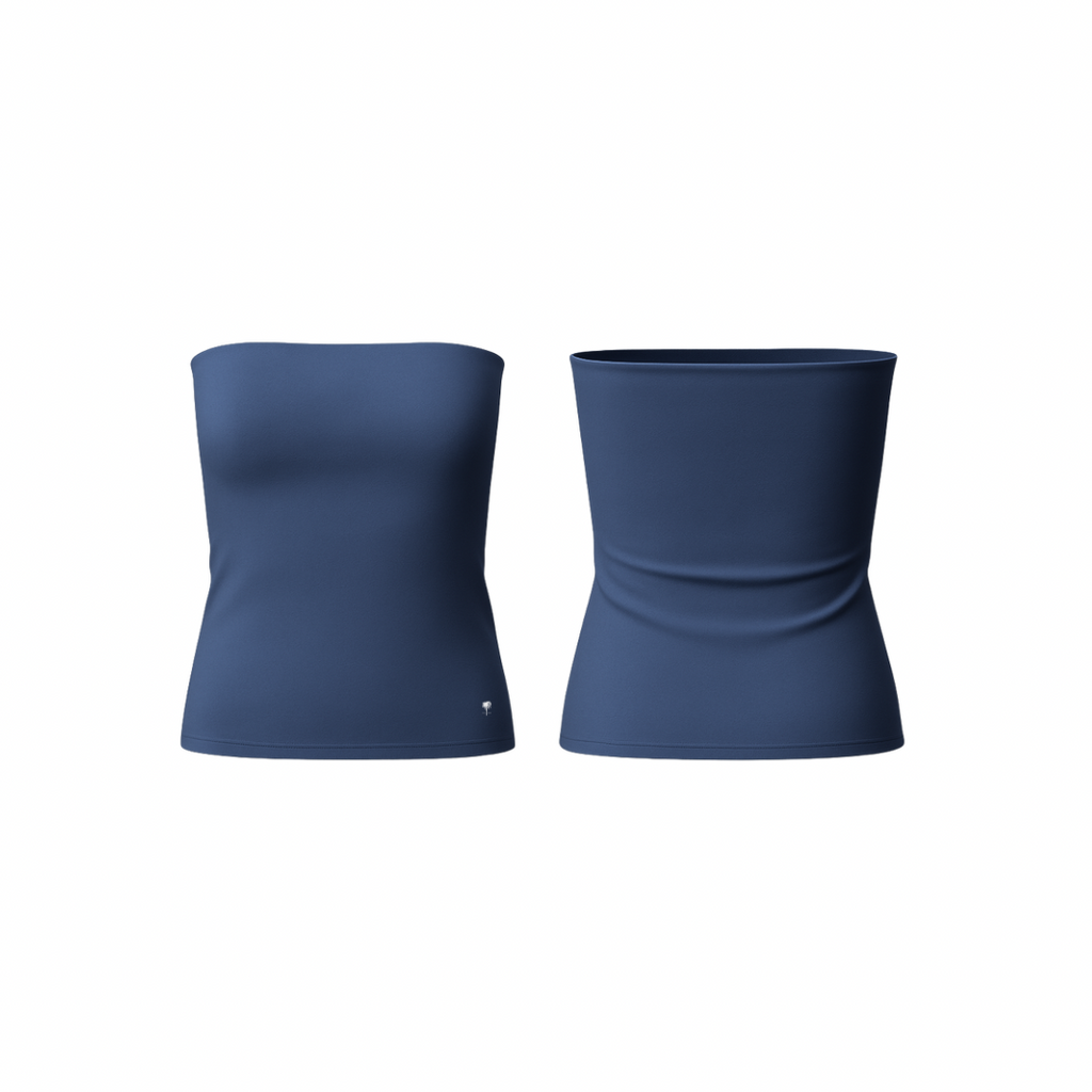 The Palm – SculptFit™ Tube in navy . Seamless, ribbed strapless tube top with a sculpting second-skin fit, offering breathable stretch, smooth compression, and effortless styling from studio to street.