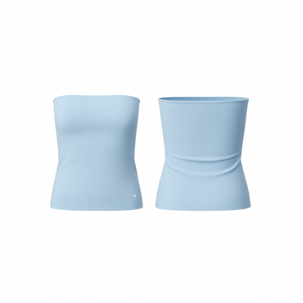The Palm – SculptFit™ Tube in sky blue . Seamless, ribbed strapless tube top with a sculpting second-skin fit, offering breathable stretch, smooth compression, and effortless styling from studio to street.
