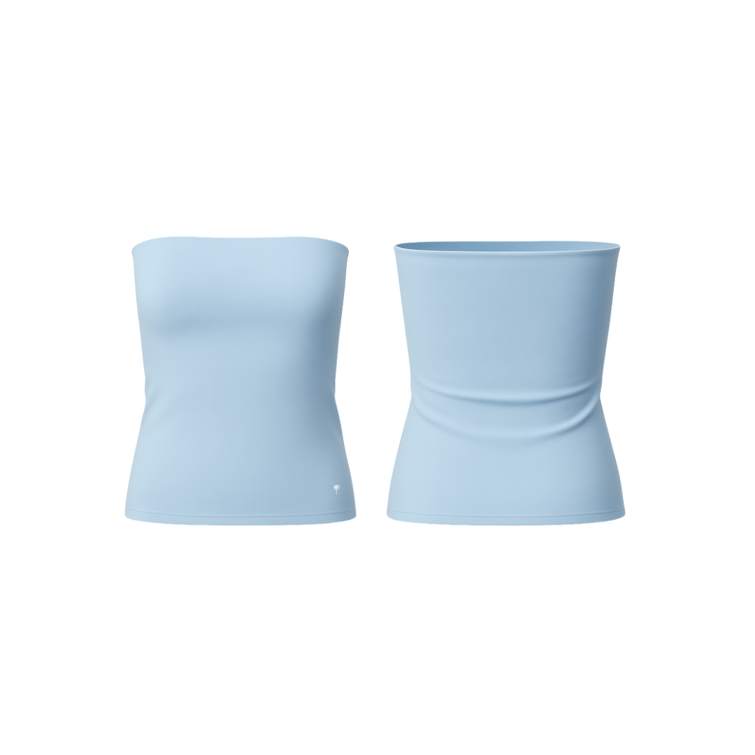 The Palm – SculptFit™ Tube in sky blue . Seamless, ribbed strapless tube top with a sculpting second-skin fit, offering breathable stretch, smooth compression, and effortless styling from studio to street.