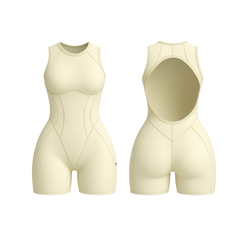 The Palm – SculptForm™ Romper in beige. Sleeveless one-piece with sculpted seam detailing, high round neckline and open back cut-out, designed for sleek shaping and all-day comfort.