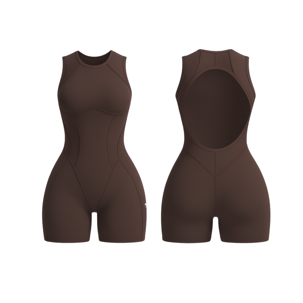The Palm – SculptForm™ Romper in brown. Sleek sleeveless one-piece with contour seam detailing, round neckline and bold open back, designed for a sculpted silhouette and freedom of movement.