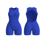 The Palm – SculptForm™ Romper in electric ocean. Sleek sleeveless one-piece with sculpted seam detailing, high round neckline and open back cut-out, crafted for shaping and comfort.