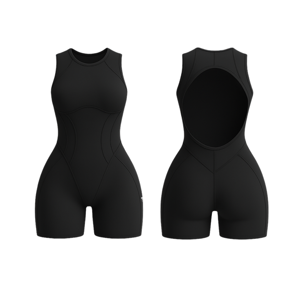 The Palm – SculptForm™ Romper in jet black. Sleek sleeveless one-piece with sculpted seam detailing, round neckline and open back cut-out, designed for a streamlined silhouette and freedom of movement.
