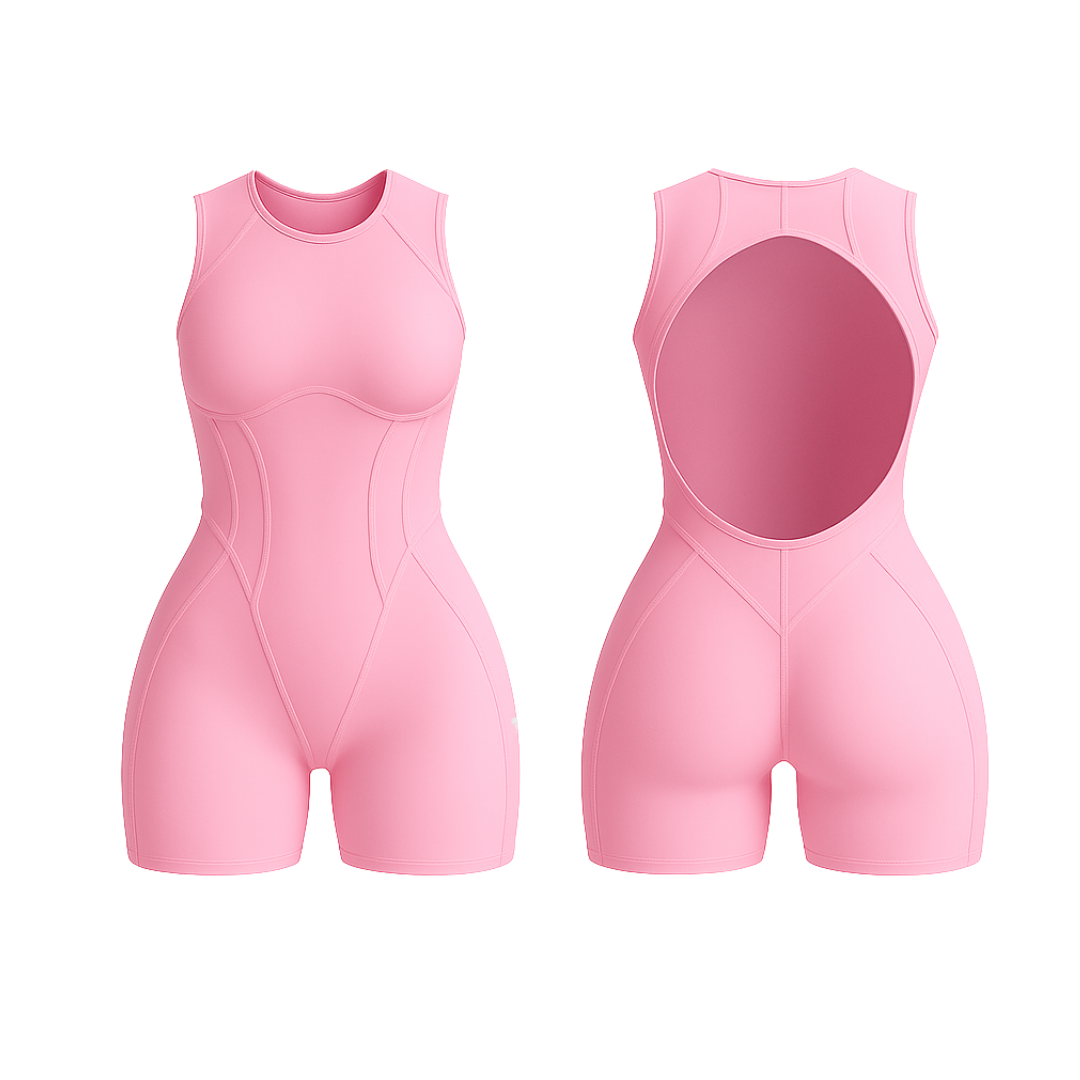 The Palm – SculptForm™ Romper in light pink. Sleek sleeveless one-piece with sculpted seam detailing, high round neckline and open back cut-out, designed for a flattering silhouette and flexible movement.