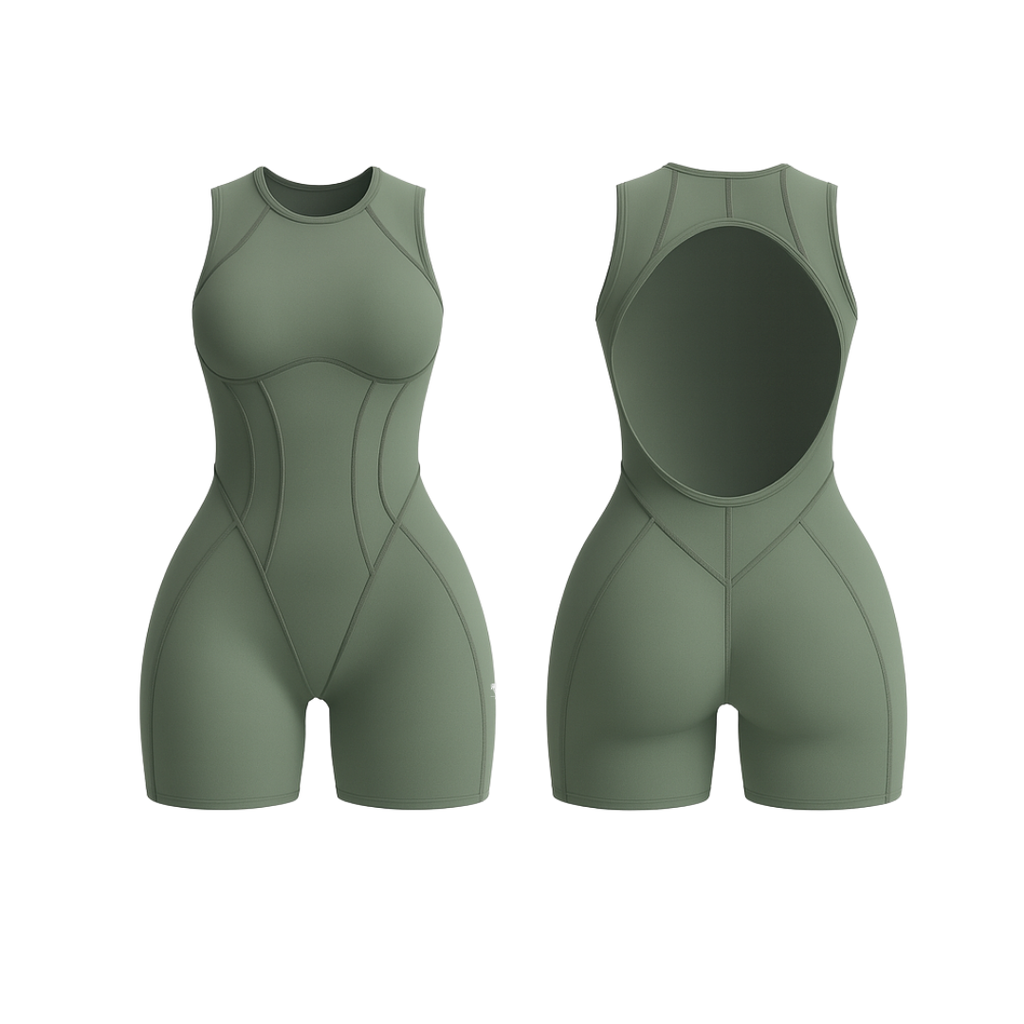 The Palm – SculptForm™ Romper in olive. Sleek sleeveless one-piece with sculpted seam detailing, high round neckline and open back cut-out, designed for shaping and all-day comfort.