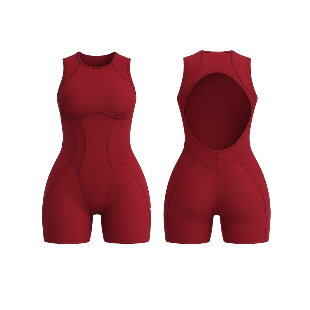 The Palm – SculptForm™ Romper in red. Sleek sleeveless one-piece with sculpted seam detailing, high round neckline and open back cut-out, designed for sleek shaping and all-day movement.
