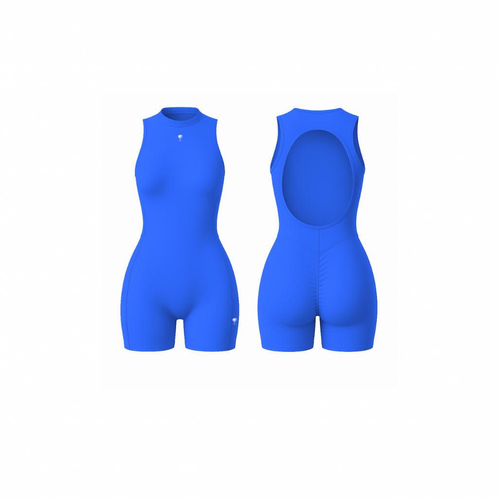 The Palm – SculptFX™ Backless in electric blue. Sleek sleeveless romper with sculpted seam detailing, high round neckline and open back cut-out, designed for sleek shaping and all-day movement.