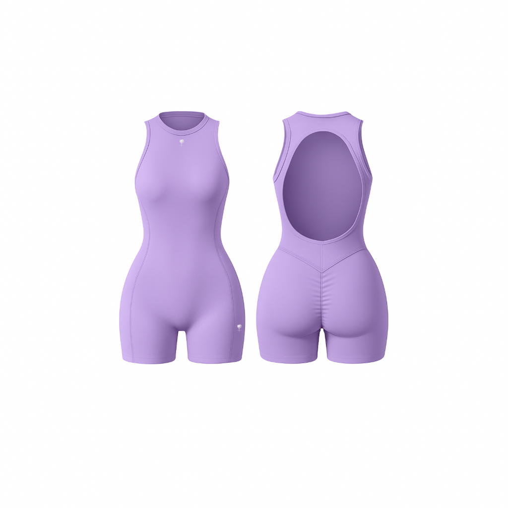 The Palm – SculptFX™ Backless in lilac. Soft pastel romper with sculpted contour seams, sleeveless fit and open back design for effortless shaping and movement.