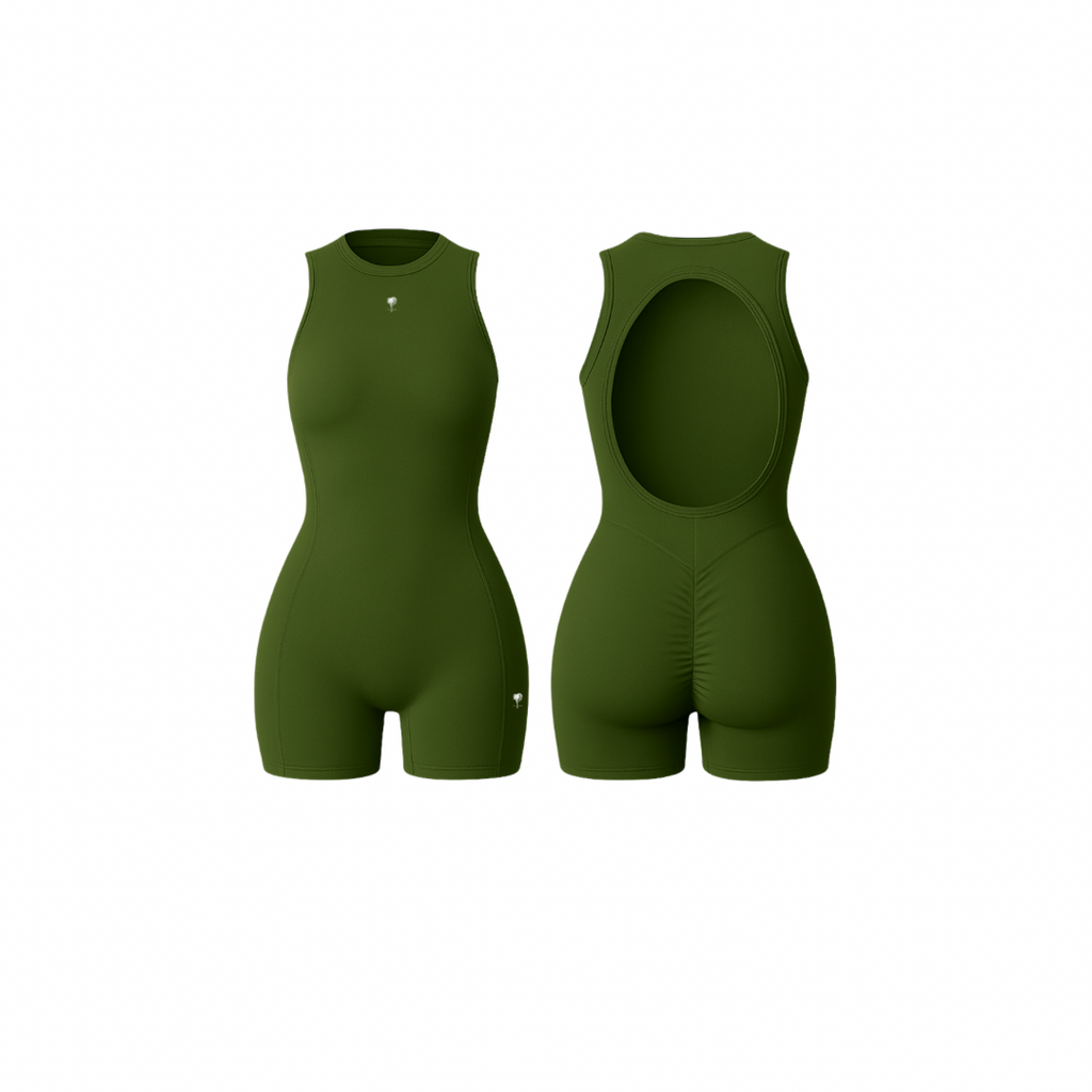 The Palm – SculptFX™ Backless in olive green. Sleek sleeveless romper with sculpted seam detailing, high round neckline and open back cut-out, designed for sleek shaping and all-day movement.