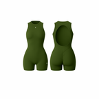 The Palm – SculptFX™ Backless in olive green. Sleek sleeveless romper with sculpted seam detailing, high round neckline and open back cut-out, designed for sleek shaping and all-day movement.