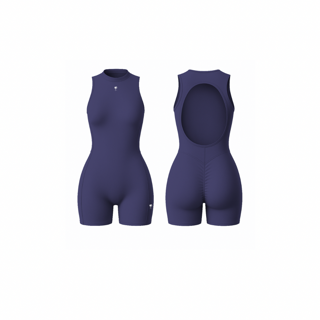 The Palm – SculptFX™ Backless in deep purple. Sleek sleeveless romper with sculpted seam detailing, high round neckline and open back cut-out, designed for sleek shaping and all-day movement.