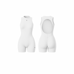 The Palm – SculptFX™ Backless in white. Sleek sleeveless romper with sculpted seam detailing, high round neckline and open back cut-out, designed for sleek shaping and all-day movement.