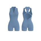 The Palm — SculptZip Romper in blue. High-neck, sleeveless one-piece with a front zipper and racerback design. Seamless, sculpting fit that hugs the body with second-skin softness. Built for movement, made to empower.