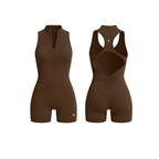 The Palm — SculptZip Romper in mocha. Second-skin feel with a contouring cut-out back, zipper front, and sculpted waist. Seamless, breathable, and designed for bold, effortless movement.