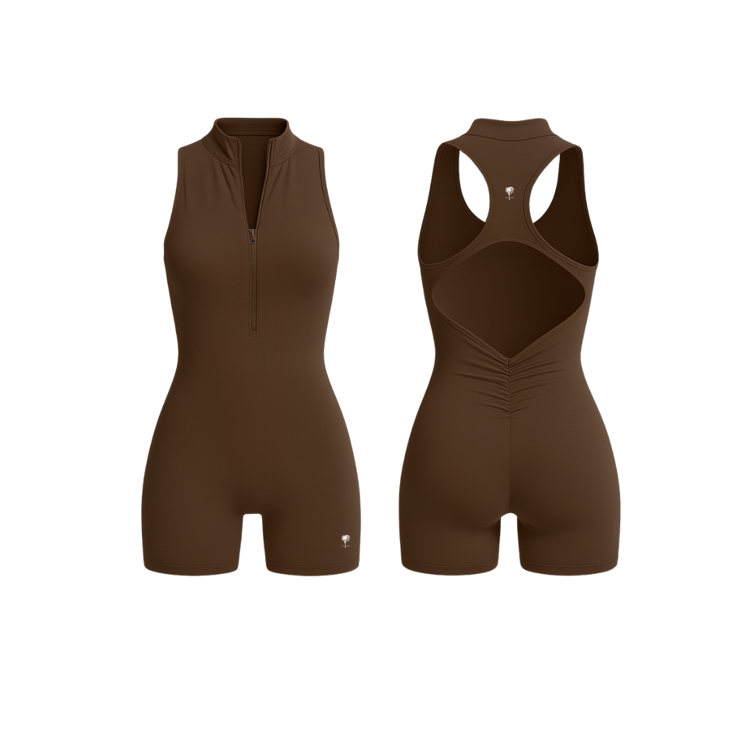 The Palm — SculptZip Romper in mocha. Second-skin feel with a contouring cut-out back, zipper front, and sculpted waist. Seamless, breathable, and designed for bold, effortless movement.