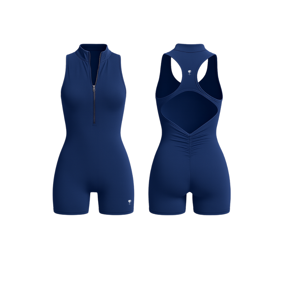 The Palm — SculptZip Romper in navy. Seamless high-neck romper with front zipper and racerback cut. Second-skin fit for confident curves and unrestricted movement. Designed to sculpt, built to empower.