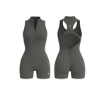 The Palm — SculptZip Romper in stone. Minimal, second-skin design with sculpting back seams and a functional front zipper. Seamless, breathable, and designed for confident, everyday wear.
