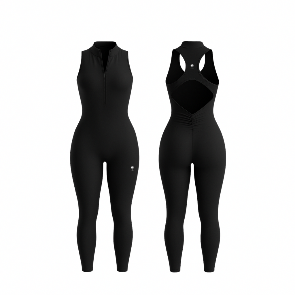 The Palm — SecondSkin Flow Duo in black. Full-length sculpting jumpsuit with a zip front and racerback cut-out. Silky-soft, seamless feel that hugs the body with just the right compression. Elevated and bold — wear it solo or with layers.