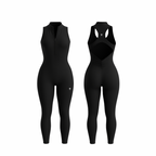 The Palm — SecondSkin Flow Duo in black. Full-length sculpting jumpsuit with a zip front and racerback cut-out. Silky-soft, seamless feel that hugs the body with just the right compression. Elevated and bold — wear it solo or with layers.