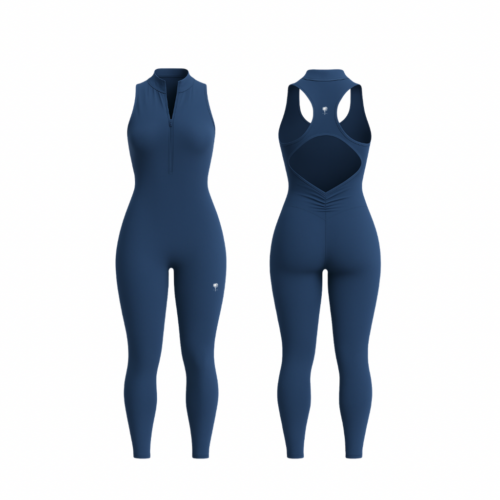 The Palm — SecondSkin Flow Duo in blue. One-piece activewear suit with a front zipper and sculpting back detail. Seamless, second-skin feel with breathable stretch. Designed to move with your flow — bold, sleek, and ultra-functional.